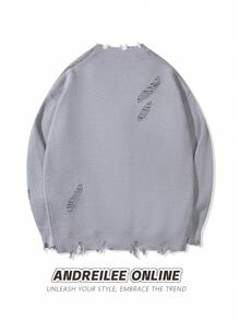 Áo khoác cardigan nam Andreilee dệt kim kiểu rách với vạt áo bất đối xứng, thời trang đường phố cho mùa Thu/Đông. - Xám - Xem 2