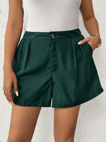 Flirla Plus Solid Wide Leg Shorts - Dark Green - View 5