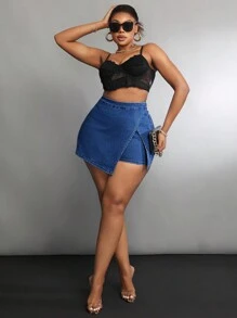 SHEIN SXY Plus 裹身家居牛仔短褲 - 深色水洗藍 - 查看 4