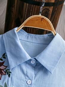 SHEIN Floral Embroidery High Low Shirt Dress Fall Cloth For Women - Light Wash - View 4