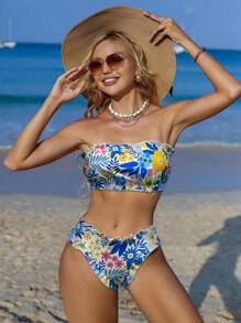 SHEIN Swim 女士夏季抹胸比基尼泳装套装，随机印花，两件套泳衣 - 彩色 - 查看 3