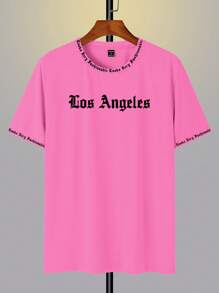 Manfinity Roghcode 男士夏季字母印花圓領短袖休閑T恤 - 玫紅色 - 查看 3