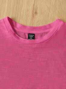 SHEIN EZwear 玫瑰红加大码女式圆领拼接A字纯棉罩衫T恤 - 玫紅色 - 查看 3