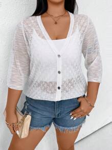 SHEIN LUNE Plus Button Front Cardigan - White - View 4