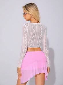 Sweetina Slim Fit Floral Lace Ribbon Decorated Long Sleeve T-Shirt - White - View 9