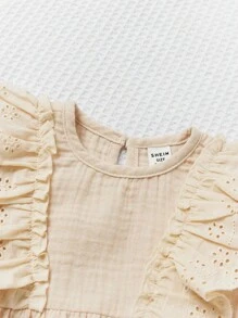 SHEIN Newborn Baby Girl White Cotton Soft Round Neck Flounce Patchwork Bodysuit With Cinched Waist - Apricot - View 5