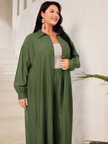 Mulvari Plus Solid Button Front Shirt & Pants - Army Green - View 8