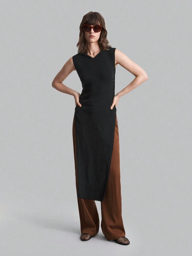 Women's Side Slit Long Hooded Sleeveless Colorblock Knit Top, Autumn Back To School