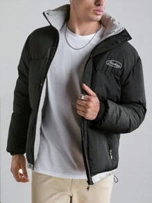 RueChic Men Letter Embriodery Puffer Coat - Black - View 7