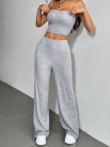 SHEIN EZwear Women Summer Grey Fine Ribbed Tube Top And Casual Knit Pants Set - Grey - View 3