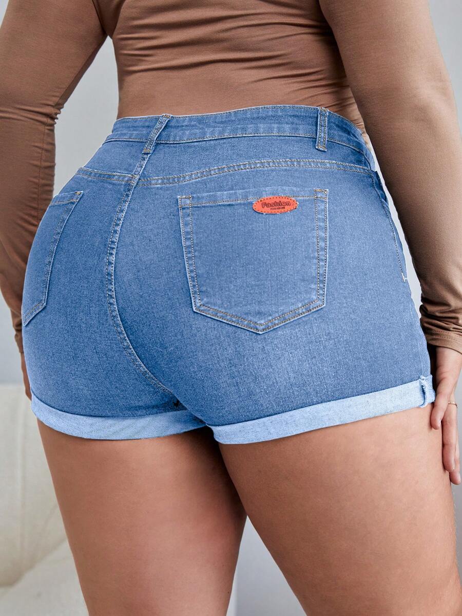 Calvaya Cộng với quần short denim cạp cao cuộn gấu - Rửa nhẹ - Xem 1