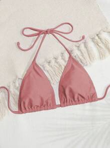 SHEIN Swim Women Solid Halter Triangle Bikini Top - Pink - View 5