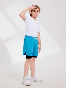 Tween 男童休闲运动短裤，蓝色二合一设计，透气吸湿排汗，时尚，适合跑步和锻炼 - 藍色 - 查看 3