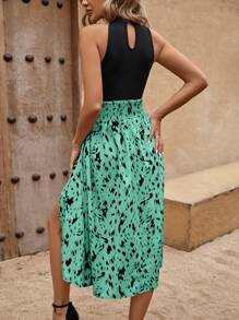 Chiquease Graphic Print Halter Neck Backless Dress For Summer - Green - View 2