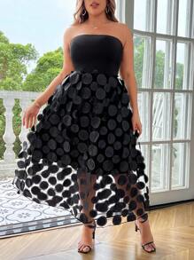 Celure Plus Size Women's Fashion Mesh 3D Circle Patchwork Dress - Black - View 1