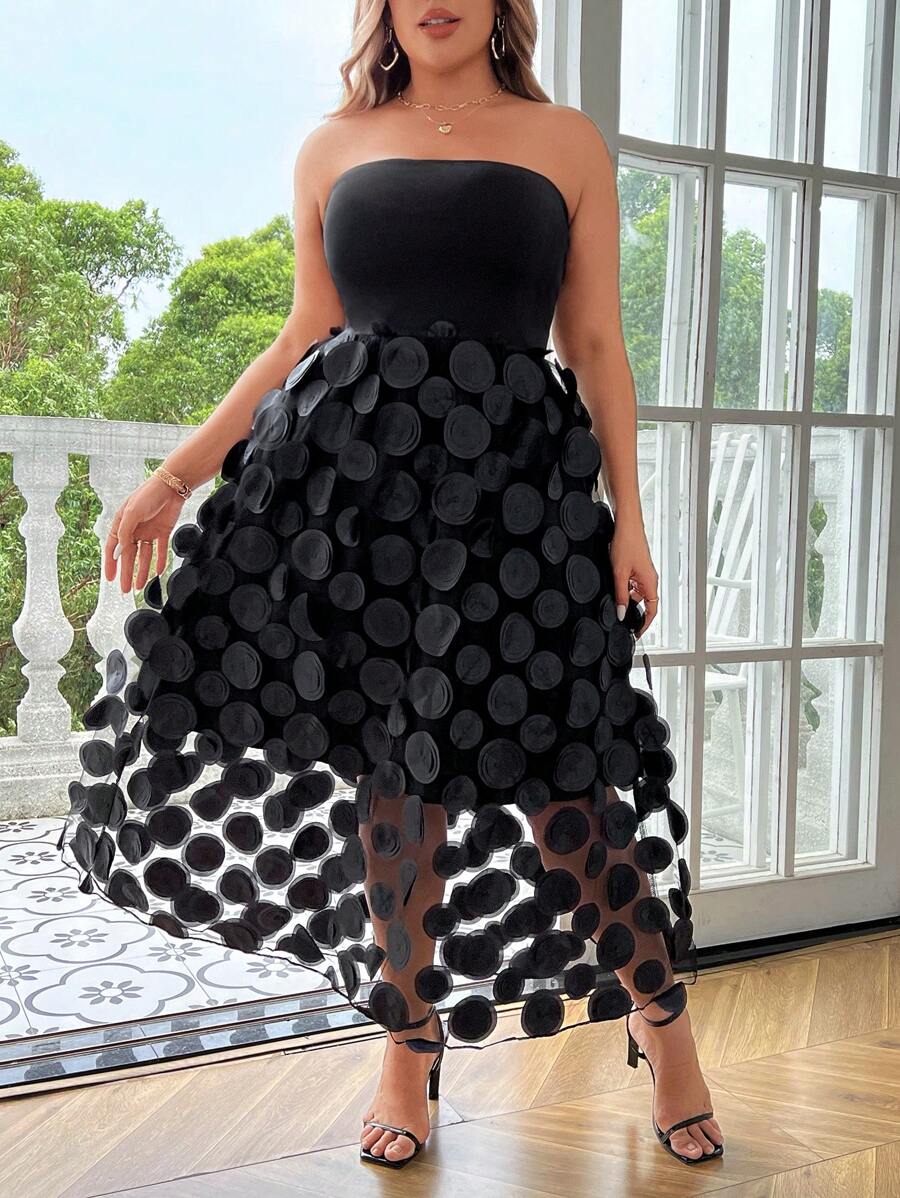 Celure Plus Size Women's Fashion Mesh 3D Circle Patchwork Dress - Black - View 1