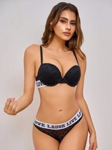 Conjunto casual de sostén y pantis con impresión de letras negras para dama, 2 piezas de sostén deportivo y calzones - Blanco y Negro - Ver 4