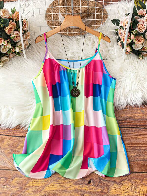 Plus Size Women's Loose Plaid Casual Cami Top For Summer Graphic Tees Women Tops