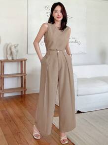 DAZY Conjunto de dos piezas de mujer con top sin mangas de un solo color y pantalones de pierna ancha para el verano
