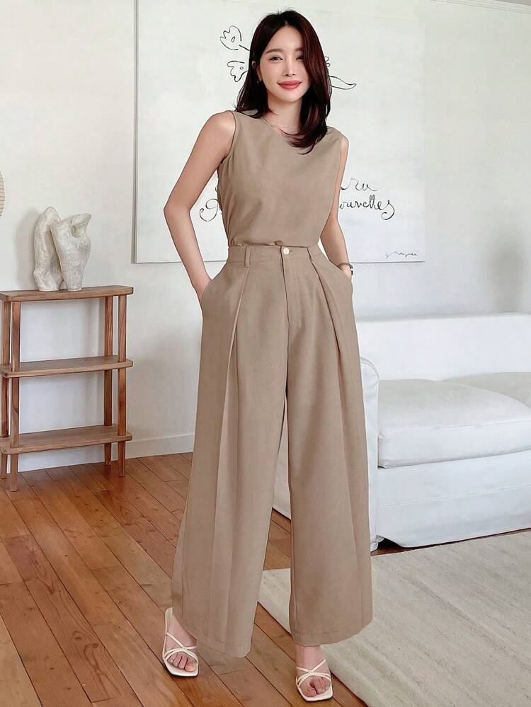 Women Solid Sleeveless Top Wide Leg Pants Two-Piece Set Summer Lounge Sets For Women