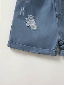 SHEIN Boys' Cute Car Print Short Sleeve Shirt + Ripped Denim Shorts Set, Summer - Multicolor - View 5