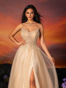 VIPGIRL Elegant Champagne Spaghetti Strap Beaded Tulle High-Slit Gown For Women, Long Formal Evening Dresses For Prom, Party, Wedding Guest, Graduation, And Dinner - Rượu sâm banh - Xem 5