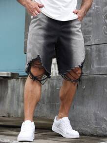 Manfinity Homme Plus Ripped Frayed Raw Trim Denim Shorts - Grey - View 3