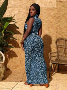 Slaydiva 女士豹纹无袖网眼连衣裙