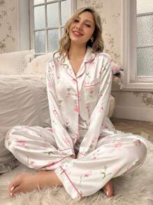 CottageSlumber Ink Floral Printed Shirt Collar Long Sleeve Top And Pants Set White Set Holiday Season, Bountiful Floral Splendor  Cozy And Elegant Details - White - View 3