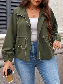 SHEIN LUNE Plus Size Green Drawstring Waist Zip Up Coat For Dailywear Fall/Fall Back To School Fall Clothes For Autumn & Winter With Pockets Winter Clothes - Army Green - View 3