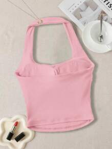 SHEIN Essnce Women's Bra-Free Neck-Hanging Chest Pad Tank Top For Spring/Summer - Pink - View 2