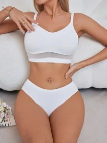 SHEIN 纯色无缝白色胸罩和内裤套装