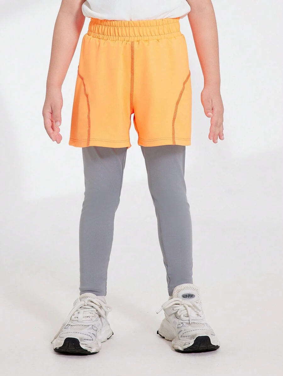 SHEIN Celana Legging Olahraga Kasual untuk Anak Laki-Laki dengan Desain 2 in 1 - Jeruk - View 1