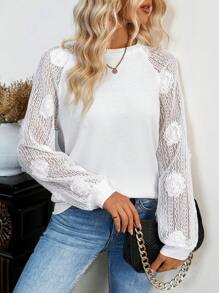 SHEIN LUNE Contrast Lace Raglan Sleeve Sweatshirt Pullover Fall Sweatshirt - White - View 1