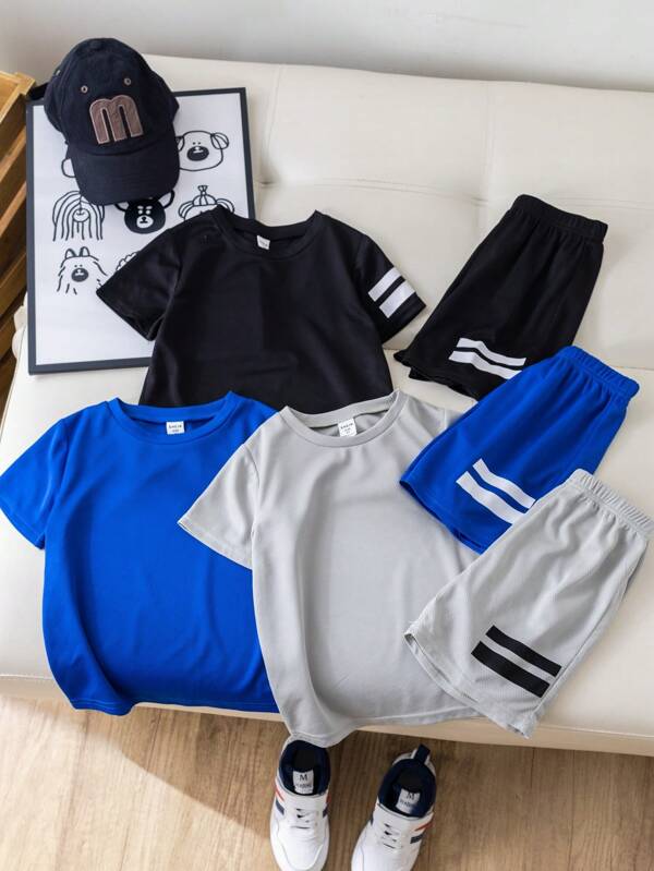SHEIN 3 buc ținute de vară pentru copii, set de tricou și pantaloni scurți cu mânecă scurtă, cu model geometric, în stil sport casual pentru băieți tineri, potrivit pentru activități în aer liber, timp liber acasă și sport profesional