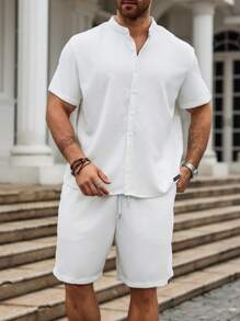 Manfinity Homme Men Solid Button Up Shirt & Shorts - White - View 5