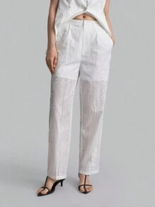 Women Embroidered Solid Woven Suit Set, Sleeveless Business Dress & Linen Pants Set, Office Formal Wear - White - View 5