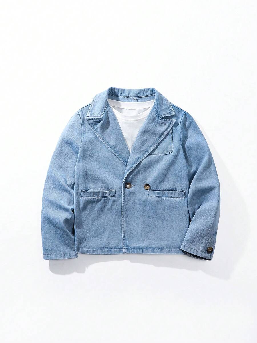 Teen Boys' Vintage British Style Loose Fit Comfortable Denim Blazer - Light Wash - View 1