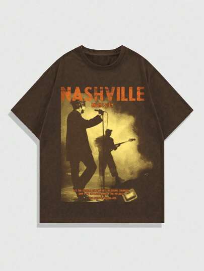 Grunge Punk Men's Casual Short Sleeve T-Shirt With Silhouette Print, Suitable For Daily Wear In Spring/Summer, School