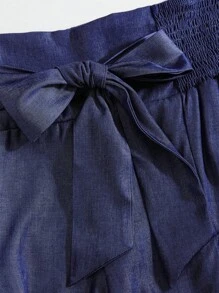 SHEIN Clasi Plus尺碼系帶前扭紋寬腰帶荷葉邊短褲 - 藍色 - 查看 6