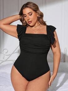 Swim Lushoire Plus Size Solid Ruffle Trim One Piece Swimsuit For Summer - Black - View 3