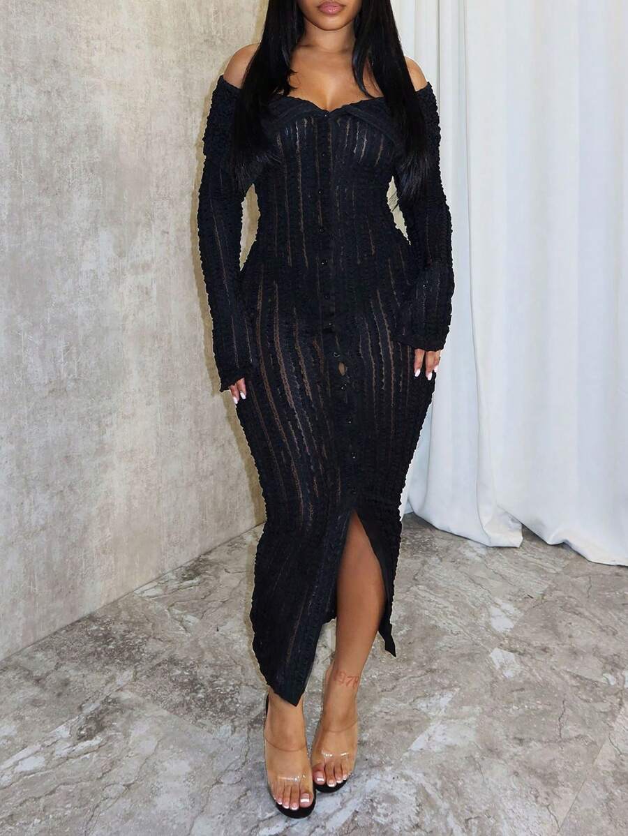 Distinctive Jacquard Knit Off-Shoulder Bodycon Dress - Black - View 1