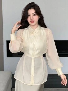 DAZY Women's Solid Color Sheer Long Sleeve Shirt,Fall Women Clothes - Apricot - View 3