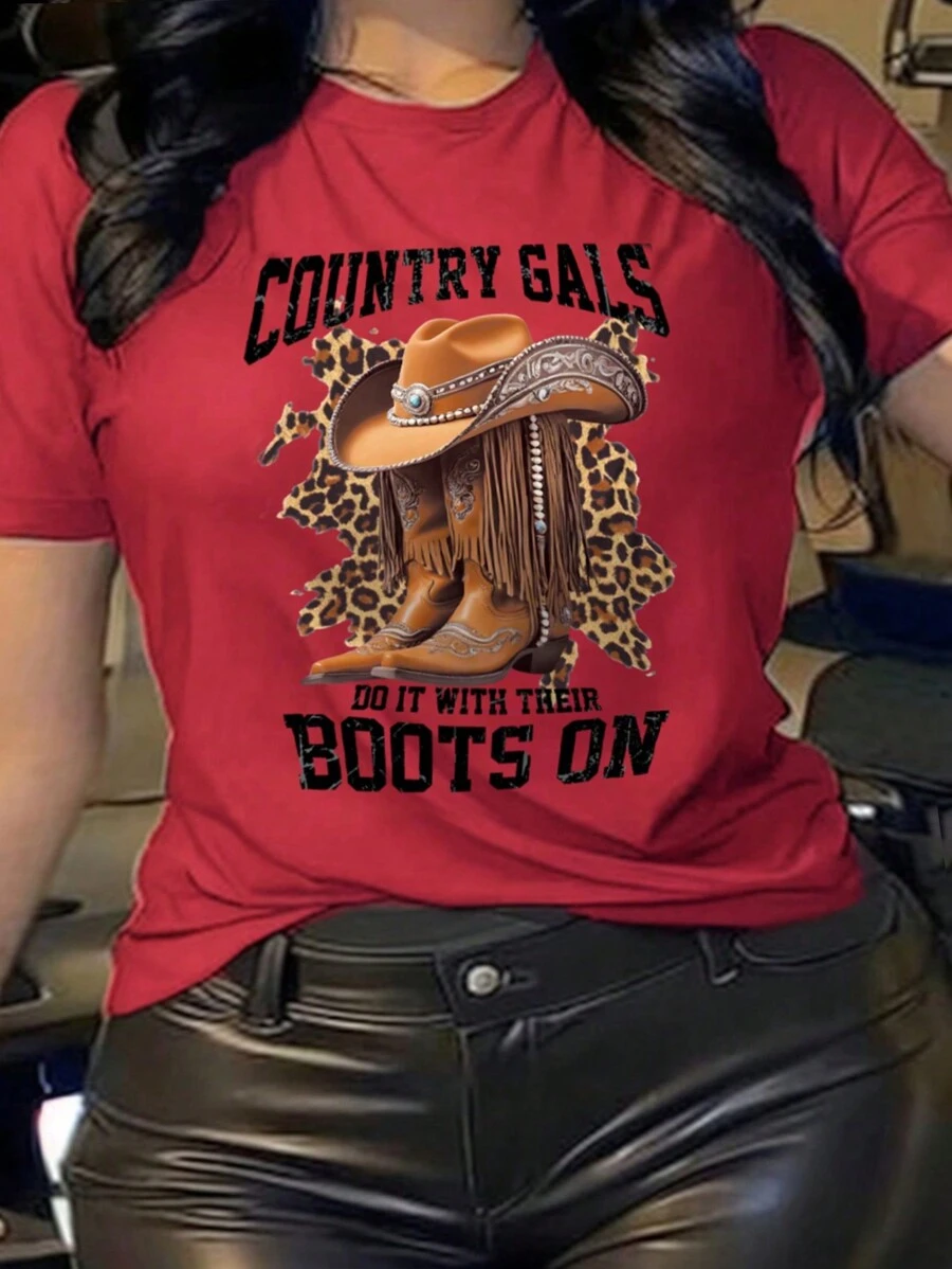 SHEIN CURVE+ 大码牛仔靴、帽子和夏季短袖 T 恤（）、乡村音乐会上衣