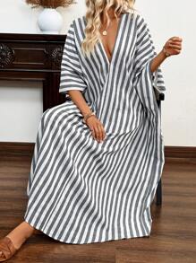 Breezaya Striped Print Batwing Sleeve Casual Dress For Summer Maxi Women Outfit - Dark Grey - View 3