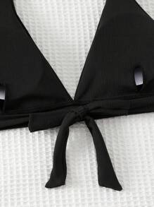 SHEIN Swim 女式夏季沙灘純色黑色頸後綁帶性感比基尼上衣 - 黑色 - 查看 4