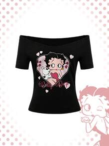 Betty Boop | ROMWE Áo thun hở vai in chữ và hoạt hình dễ thương cỡ lớn, mùa hè - màu đen - Xem 1