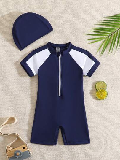 Baby Boy Colorblock Zipper Front One Piece Swimsuit With Swim Cap