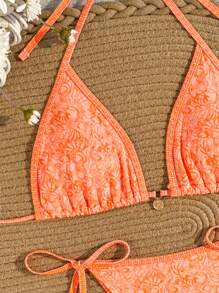 SHEIN Swim Phụ Nữ Đi Biển Mùa Hè Họa Tiết Hoa Dây Cổ Màu Cam Bộ Bikini Gợi Cảm Bộ Bikini Hai Mảnh - Nhiều màu - Xem 4
