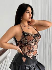 SHEIN ICON Plus Size Vintage Plant & Floral Mesh Print Triangle Scarf Hem Pleated Camisole Neck-Hanging Camisole